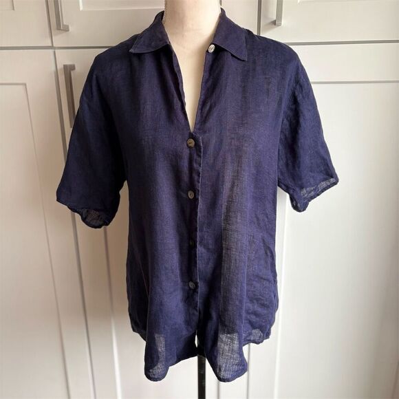 Diana Slavin Tops - Diana Slavin Blue Short Sleeve Button-Up Shirt Size 2 Semi Sheer Linen Oversized